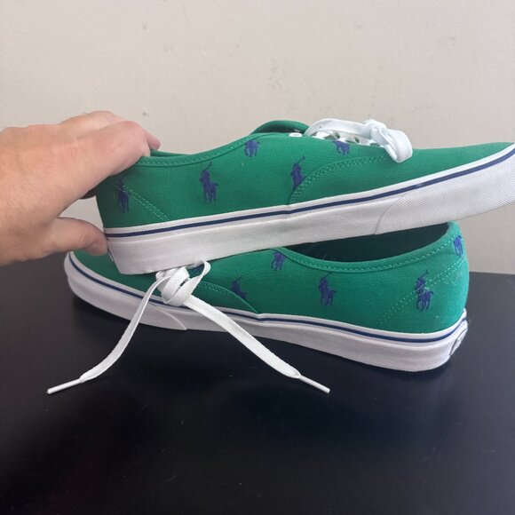 NWOT Polo Ralph Lauren Green Canvas Sneakers w/ Blue Polo Logo All Over, Mens 12 - Picture 6 of 7